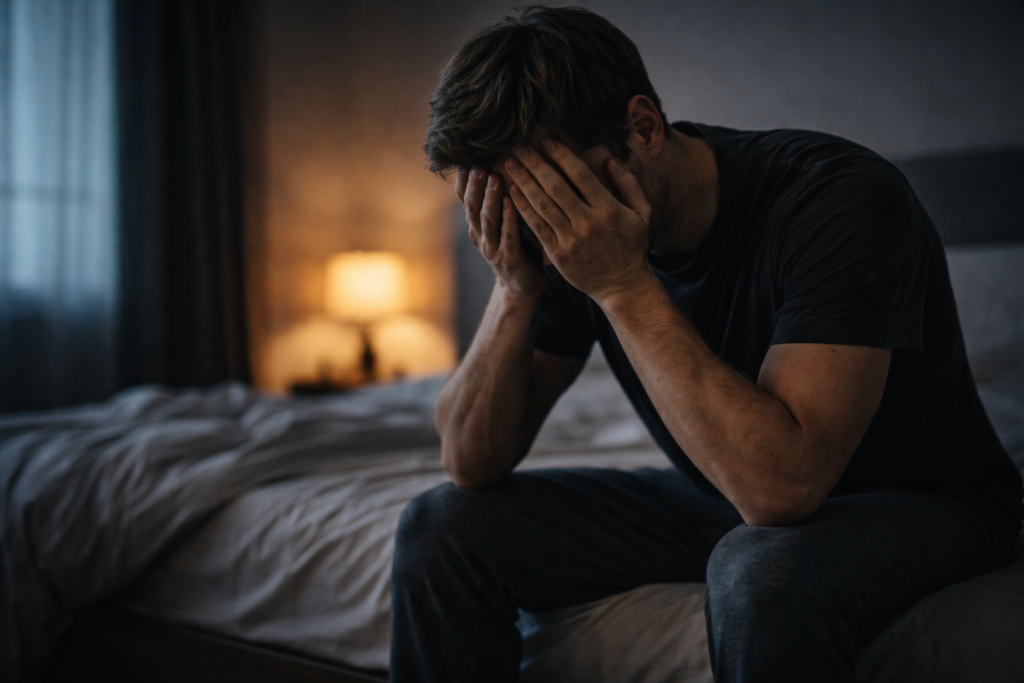 Mężczyzna cierpiący w ciszy po rozstaniu płacze na łóżku