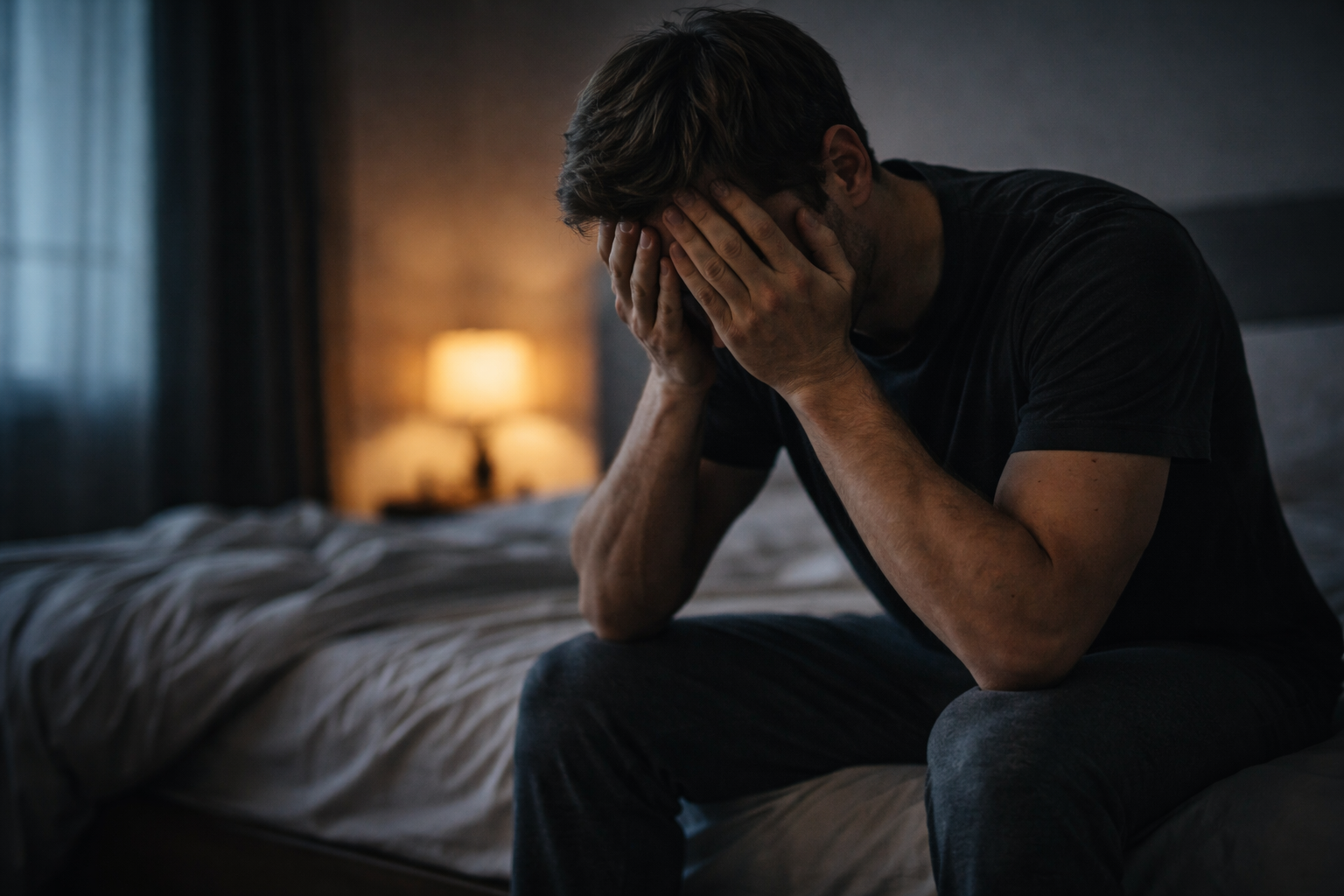 Mężczyzna cierpiący w ciszy po rozstaniu płacze na łóżku