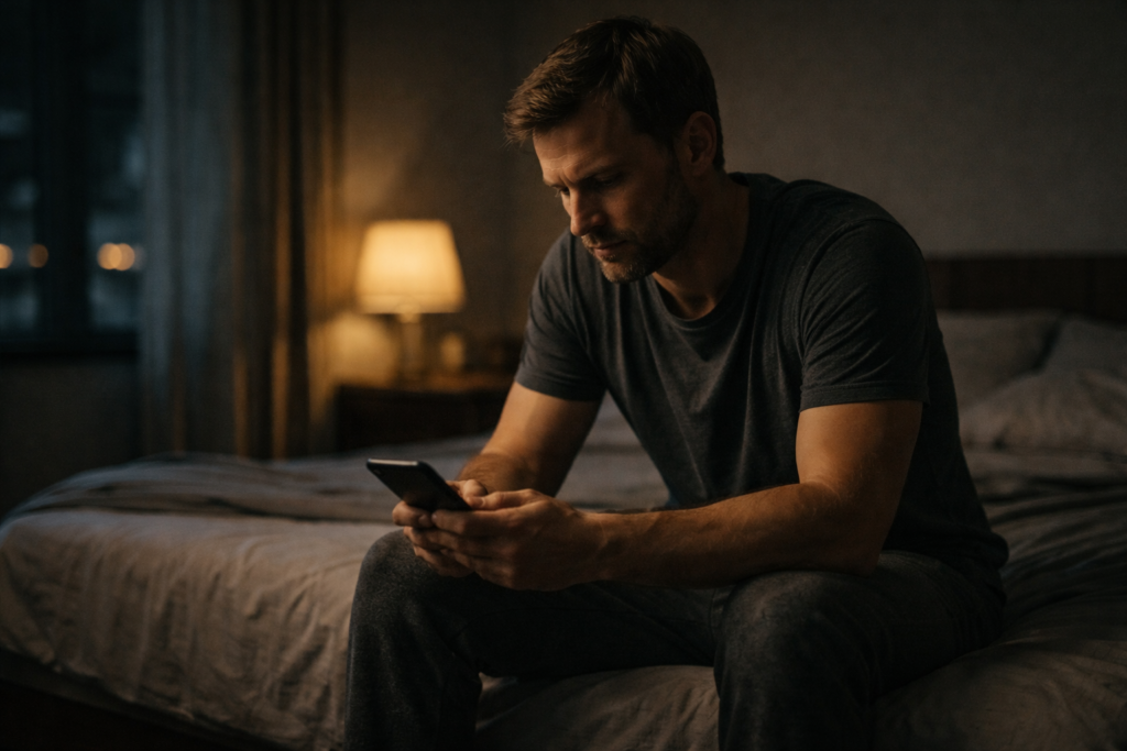 facet po rozstaniu patrzy na telefon i nie dostaje odpowiedzi