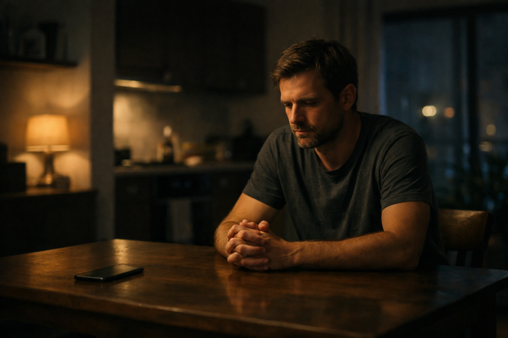 mężczyzna po rozstaniu siedzi przy stole i nie sięga po telefon