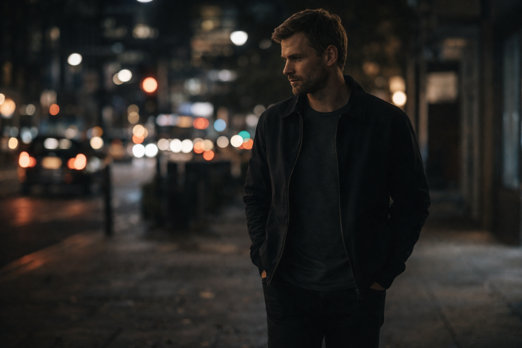 samotny mężczyzna po rozstaniu idzie wieczorem i nie wyciąga telefonu